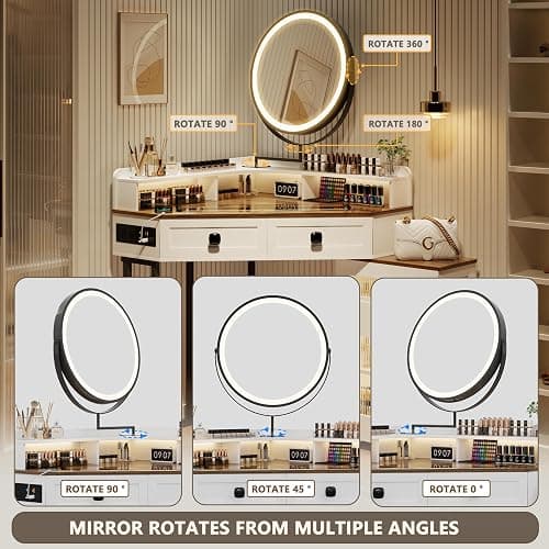 FREDEES Corner Vanity with Mirror and Lights,Modern Makeup Vanity Set with Charging Station for Bedroom/Cloakroom,Glass Top Vanity Table with Drawers and Shelves,White thumbnail 6