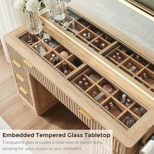 T4TREAM 48" Fluted Makeup Vanity Desk with Large Led Lighted Mirror, Modern Vanity Table with 8 Drawers & Charging Station, Glass Top Dressing Table for Bedroom, Natural Oak thumbnail 5
