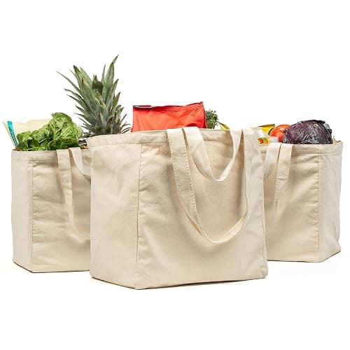 VeraMia Canvas Grocery Bag 3pc XL Set with Real Pockets, Long Shoulder Strap and Short Handle. Heavy Duty, Foldable, Washable - Image 1