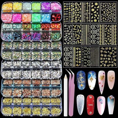 Artdone Nail Art Studs Kit, 6 boxes Multicolor And Design 3D Charms Pearls With 15 Sheets Gold Nail Stickers, Diamond Cute Nail Jewels For DIY Decoration with Pickup Tools - Image 1