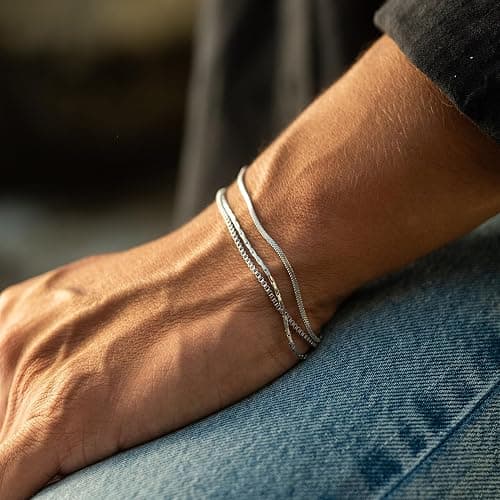 Mens Bracelet - Dainty Gold/Silver Chain Bracelet Stack 14K Gold Plated Silver Bracelets for Men Stainless Steel Adjustable Cross Charm Cuban Link Bracelet Snake Jewelry Set to Men Dad Birthday Day thumbnail 2
