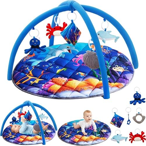 Yeeeasy Ocean Theme Baby Play Gym Mat, Tummy Time Activity Mat with 5 Detachable Marine Toys, Sensory & Motor Skill Development for 0 3 6 9 12 Month Baby and Newborns, Vibrant Deep Blue - Image 1
