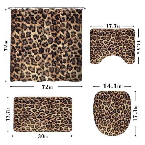 LIGHTINHOME 4 PCS Leopard Print Shower Curtain Set 72Wx72H,Toilet Lid Cover,Non-Slip Rugs and U-Shaped Mat,Wild Safari Cheetah Bathroom Sets with Rugs Shower Accessories 12 Hooks for Bathroom Decor thumbnail 2