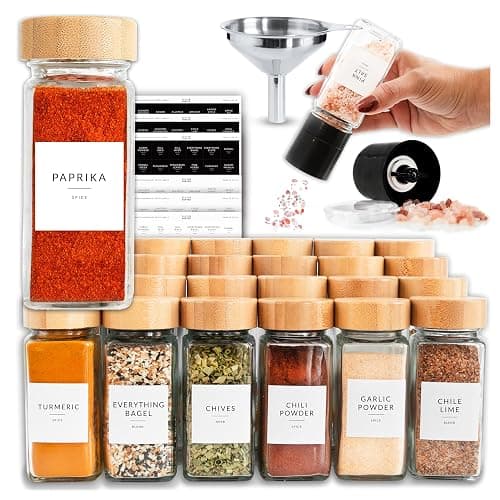 SAVVY & SORTED Glass Spice Jars with Label, 24PK Bamboo Jar Spices Set 4oz, 374 Spice Labels, Pepper Grinder, Empty Herb Seasoning Containers, Funnel and Shaker Lids - Image 1