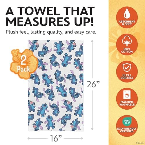 Disney Kitchen Towels – 2-Pack 100% Cotton Kitchen Towels Set – 16" x 26" Soft & Absorbent Dish Towels – Mickey, Minnie & Stitch Designs – Durable, Machine Washable (Stitch) thumbnail 2