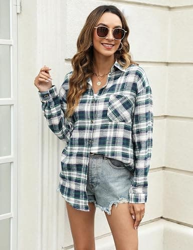 Megfie Oversized Flannel Plaid Button Down Shirt Long Sleeve Blouses thumbnail 2
