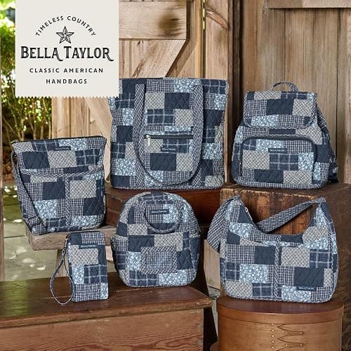 Bella Taylor Mini Backpack, Quilted Hands-Free Bag, Heritage Blue Patch | Lightweight 6-pocket quilted cotton backpack, adjustable straps, machine washable, fits water bottle, tablet, snacks, wallet thumbnail 9