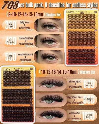 Wispy Lash Clusters Kit 708pcs Eyelash Clusters 30D 40D 50D 60D 80D 100D | Fluffy Cluster Eyelash Extensions Kit 9-16mm Spiky Individual Lashes CD-Curly DIY with Lash Bond and Seal by OOjiss thumbnail 2
