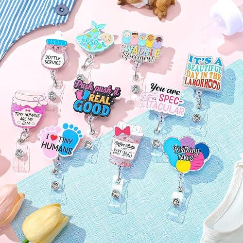 Riceshoot 10 Pcs Funny Labor and Delivery Nurse Badge Reels Cute Glitter Nicu Obstetrics Retractable Badge Reel Holder with Alligator Clip Gift for Rn Teacher Doctor(Fresh) thumbnail 2