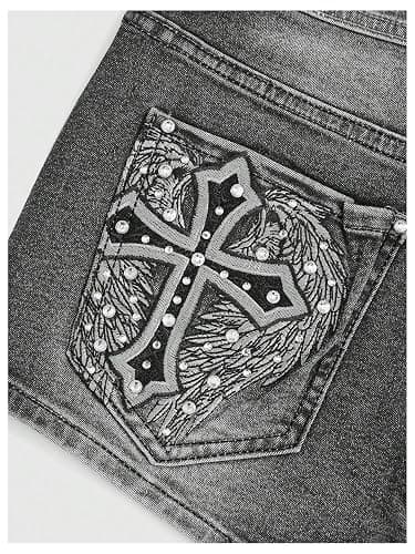 WDIRARA Women's Cross Embroidery Rhinestone Denim Shorts Y2k Grunge Punk Jean Shorts thumbnail 7