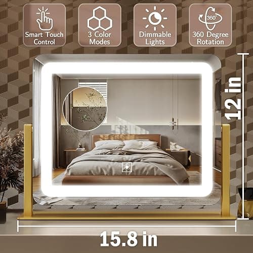 ROLOVE Gold Vanity Mirror with Lights 15" x 12", Lighted Makeup Mirror with 10X Magnification, 3 Color Lighting & Dimmable Brightness, Make Up Mirror with Lighting for Bedroom Tabletop thumbnail 2