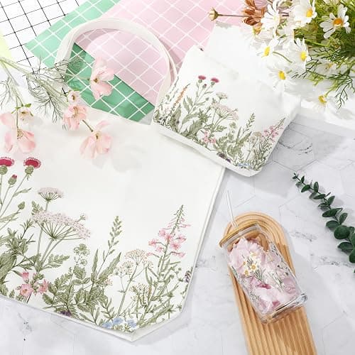 FoldTier 3 Pcs Plant Lover Gifts Spring Aesthetic Valentines Gifts for Women Mom Grandma, Floral Canvas Tote Bag, 16 oz Coffee Cup with Straw Lid, Makeup Bag for Baby Shower, Wedding(White,Flower) thumbnail 6