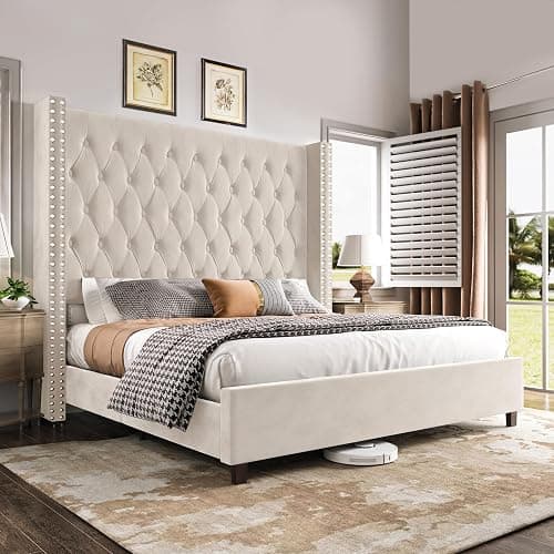 PaPaJet Queen Size Bed Frame with 61.4" Tall Headboard, Velvet Modern Upholstered Tufted Bed for Adults, Handmade Deep Button Tufting, Solid Wood Legs, No Box Spring Required, Cream - Image 1