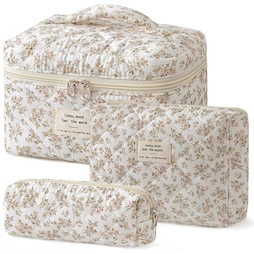 HBselect Quilted Makeup Bag, 3PCS Cotton Large Travel Makeup Bag, Cute Floral Coquette Make up Bag Cosmetic Bag Toiletry Bag for Women Girls - Image 1