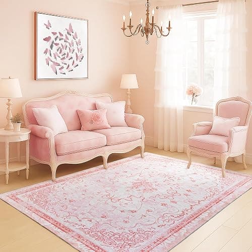Pink Rug for Nursery Girl Bedroom 5x8 - Cute Bow Coquette Room Decor for Teen Girls Aesthetic,Washable Light Pink and White Cottage Core Floral Scalloped Rug for Dorm Room College Students Playroom thumbnail 7