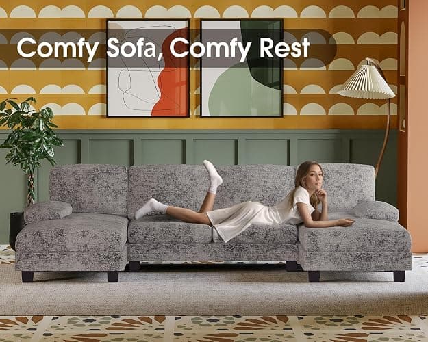 Furmax Sectional Couches for Living Room, U-Shaped Sofa Couch with Linen Fabric, 4 Seat Sofa Set with Double Chaise for Apartment (Fabric, Grey) thumbnail 4