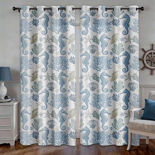 weesire Nautical Coastal Curtains Decorative Beach Ocean Seahorse Coral 50% Light Blocking Sea Darkening Grommet Curtain for Villa Living Room, Bedroom Navy Blue and White 2 Panels Set, 52x84 Inches thumbnail 5
