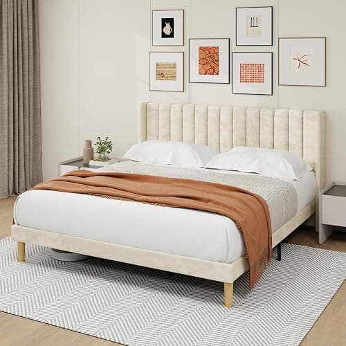 alazyhome Platform Bed Frame King Size with Upholstered Headboard, Solid Wood Slats Support, No Box Spring Needed, Noise Free, Easy Assembly, Modern Velvet Bed, Beige thumbnail 6