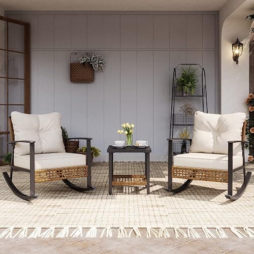 LAUSAINT HOME 3-Piece Rocking Bistro Set, Outdoor Patio Furniture with Thick Cushions and 2-Tier Coffee Table, Oversize Rattan Conversation Set for Garden, Balcony, Backyard (Beige) - Image 1