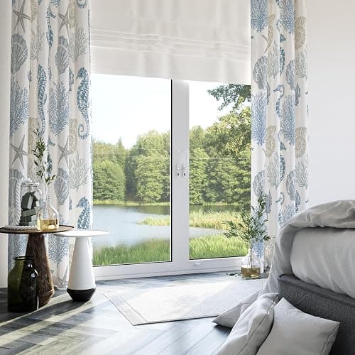 weesire Nautical Coastal Curtains Decorative Beach Ocean Seahorse Coral 50% Light Blocking Sea Darkening Grommet Curtain for Villa Living Room, Bedroom Navy Blue and White 2 Panels Set, 52x84 Inches thumbnail 7