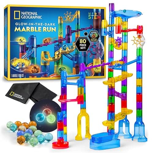 NATIONAL GEOGRAPHIC Glowing Marble Run – Construction Set with 15 Glow in The Dark Glass Marbles & Storage Bag, STEM Gifts for Boys and Girls, Building Project Toy (Amazon Exclusive) - Image 1