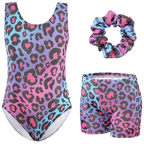 XiaoMoSha Girls Three-Piece Gymnastics Leotards Set Sleeveless Leotards with Shorts and Hairband Sparkly Gradient Color Ballet Dance Unitards Gymnastics Outfits for Kids 3-12 Years - Image 1