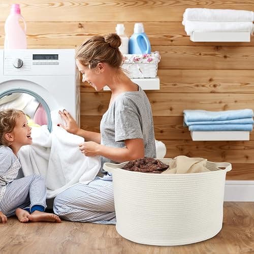 XUANGUO Large Cotton Rope Basket Blankets Basket Living Room 22"x14" Toy Basket for Kids and Dogs Rope Storage Basket for Nursery Woven Laundry Basket for Clothes Towels Baby Toy Storage round white thumbnail 5