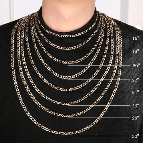 HZMAN Men Women 24k Real Gold Plated Figaro Chain Stainless Steel Necklace, Wide 3mm 5mm 7mm 9mm thumbnail 6