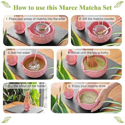 Marce Matcha Whisk Set- Matcha Set includes Matcha Whisk and Bowl with Spout, Sifter, Holder and Scoop- The Perfect Bamboo Whisk for Matcha Tea (Pink Flowers) thumbnail 8