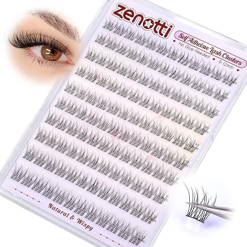 Natural Self Adhesive Clusters Lashes No Glue Self Adhesive Wispy Cluster Eyelashes Extensions Pre-glued Lashes Cluster Reusable C-Curly Individual Lash 9-12mm Press on Lash by zenotti - Image 1
