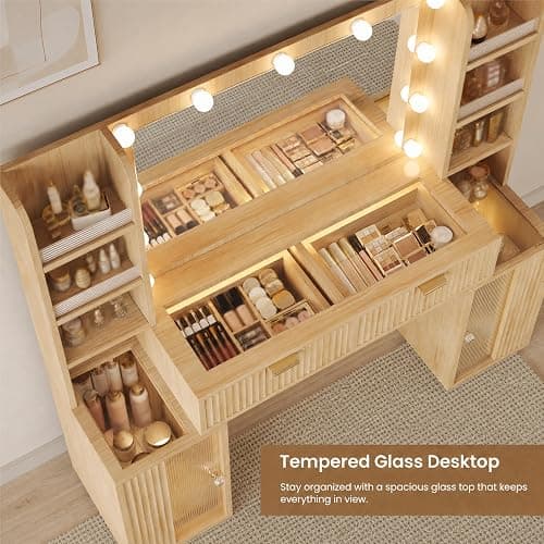 56'' Fluted Wooden Vanity with RGB Hollywood Lights & 36" HD Mirror -Oak | Big Vanity with Glass Top, Drawers, 16 Storage Area, Boho Makeup Vanity With Charging Station for Girls, Women , Bedroom -Oak thumbnail 5