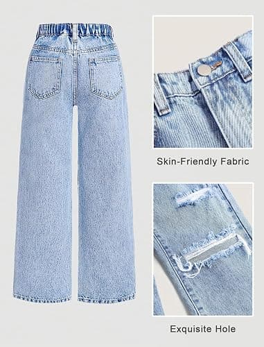 oyyniis Baggy Jeans for Girls Wide Leg Ripped High Elastic Waisted Denim Pants Cute Summer Trousers Y2K Streetwear 7-14Y thumbnail 6