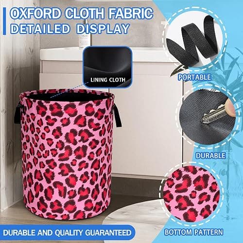 Pink Leopard Skin Laundry Basket Foldable Oxford Cloth Hamper 18.9x16.5 In | With Handle Large-Capacity Portable Clothes Storage Basket For Bathrooms, Laundry Rooms, Bedrooms，Living Rooms thumbnail 4