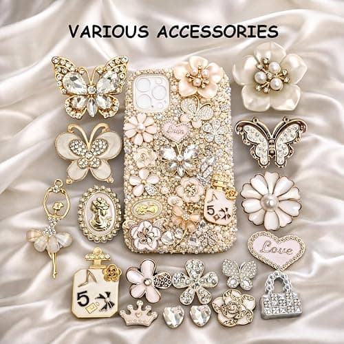 AVELICE Junk Case Large Charm Kit, White Phone Case Charms with Large Rhinestone Butterfly,Alloy Dancer&Flower, Camellia and Assorted White Floral Charms for DIY Girls & Social Media Crafting thumbnail 6
