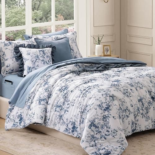 BLOOMHAVEN Full Comforter Set -7 Pieces Floral Blue Comforter Set for All Seasons, Bed in a Bag Full with Botanical Flowers Comforter, Sheets, Pillowcases & Shams thumbnail 2