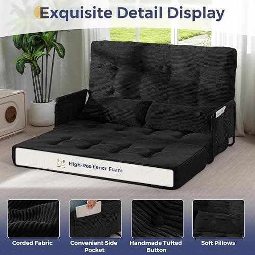 MAXYOYO Adjustable Folding Sofa Bed Couch with 2 Pillows, Black | Multi-Functional Bean Bag Bed, 5-Position Foldable Lazy Floor Sofa Bed with Armrest, Versatile Floor Seating for Reading thumbnail 6