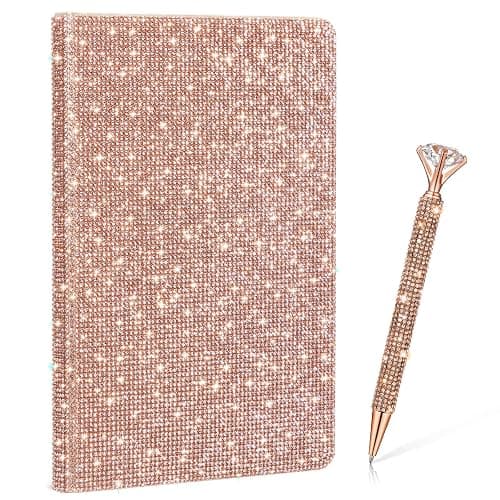 Resholder Rose Gold A5 Rhinestone Notebook & Pen Set Bling Diary for Girls | Hard Cover Glitter Journal for Women, Sparkly Desk Accessories Gift for Women, Cute Classroom Supplies for Back to School - Image 1