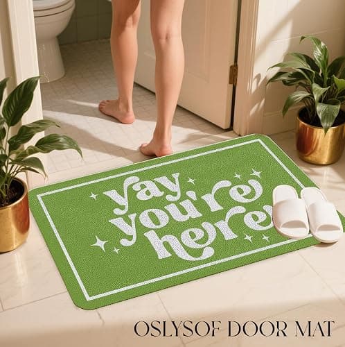 OSLYSOF Funny Green Door Mat, Yay You're Here Doormat for Front Door Indoor Outdoor Porch Entrance Entryway, Funny Welcome Mat Outside, 17x30 Inches thumbnail 5