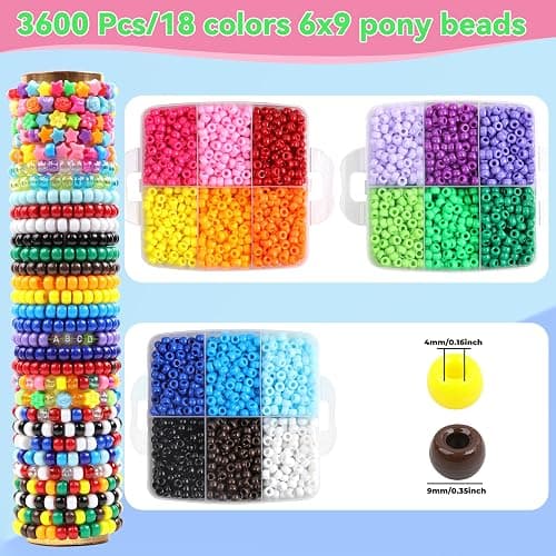 KAKW Pony Beads for Bracelets 3600 Pcs Plastic Beads for Friendship Bracelets Necklace 6x9mm 18 Solid Color Beads for Jewelry Making Supplies 3-Layer Box Packaging(18 Solid Colors) thumbnail 3