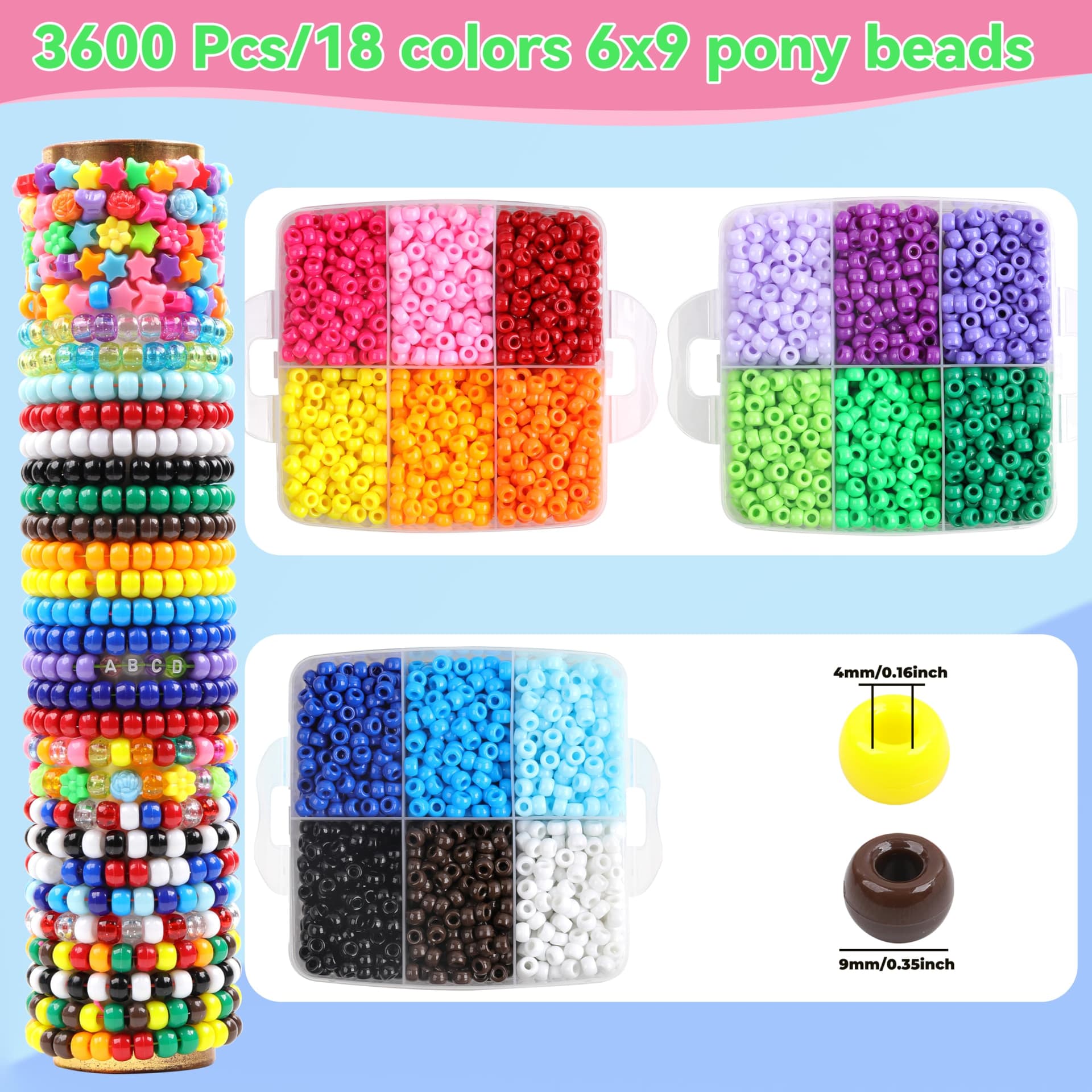Pony Beads for Bracelets 3600 Pieces Plastic Beads for Friendship Bracelets Necklace 6x9mm 18 Solid Colors thumbnail 2