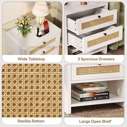 LIKIMIO Night Stand, 23" Wide Nightstand with Charging Station, Boho Side Table with Drawers and Open Shelf, Rattan Bedside End Table for Bedroom, White Oak thumbnail 5