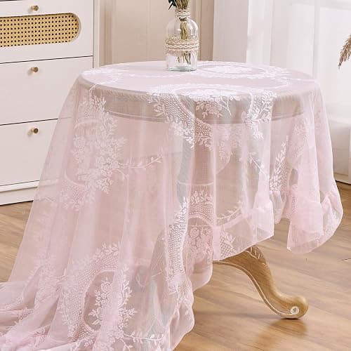 Raedan Pink Floral Embroidered Lace Square Tablecloth 55”x55” Vintage Table Cover (Pink, 55”x55”, Square) thumbnail 5