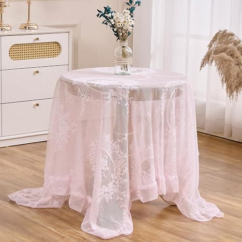 Raedan Pink Floral Embroidered Lace Square Tablecloth 55”x55” Vintage Table Cover (Pink, 55”x55”, Square) - Image 1