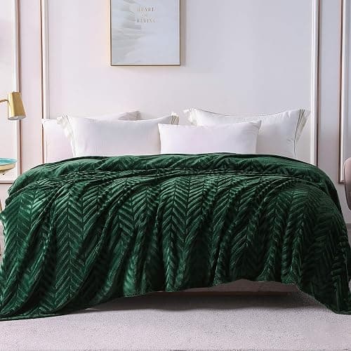 Whale Flotilla Flannel Fleece Bed Blanket Queen Size, Emerald Green | Lightweight Breathable Soft Bedspread, Plush Fluffy Coverlet Chevron Design Decorative Blanket for All Season, 90x90 Inch thumbnail 3