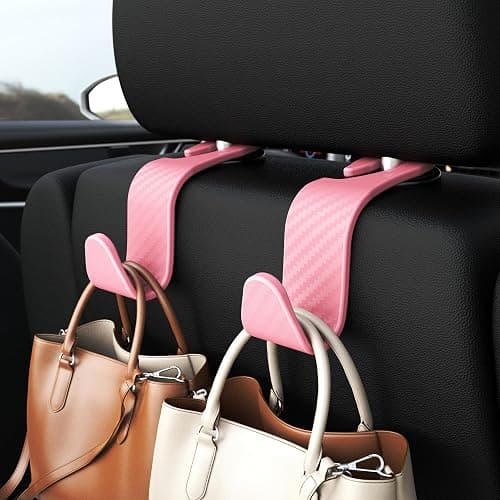 Amooca Car Seat Headrest Hook 4 Pack Hanger Universal Vehicle Car Storage Organizer for Handbag Purse Coat S Type Checkered Pink thumbnail 2