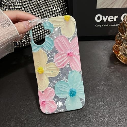 Jmltech for iPhone 16 Plus Case Girly Aesthetic Women Cute Floral Women Shockproof Flowers Oil Painting Flexible Silicone Phone Case for iPhone 16 Plus Mint Pink thumbnail 5