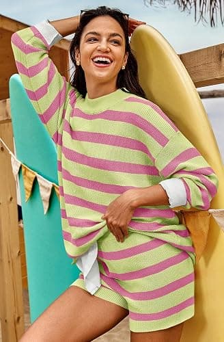 LAMISSCHE Womens Oversized Lounge Sets 2 Piece Outfits Striped Matching Pajama Set Long Sleeve Sweater Set thumbnail 3