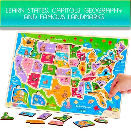 Montessori Mama Wooden Puzzles for Kids Ages 4-6, USA States and Capitols, World Continents and Oceans, Combo Set 2 Toddler Puzzles thumbnail 3