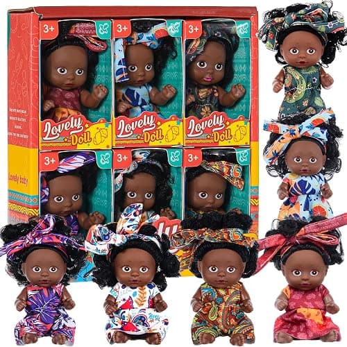 6 Pack 4 Inch African Girl Dolls Set - Black Mini Dolls with Colorful Outfits & Hairbands – Gift for Girls 3-6, 6-12 Educational Toys & Decorative Figures - Image 1