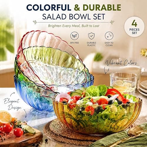 Fasmov 4 Pack Plastic Serving Bowls, Plastic Salad Mixing Bowls, 74oz Break Resistant Plastic Bowls for Salad, Fruit, Popcorn, Chip and Dip, Multicolor thumbnail 4